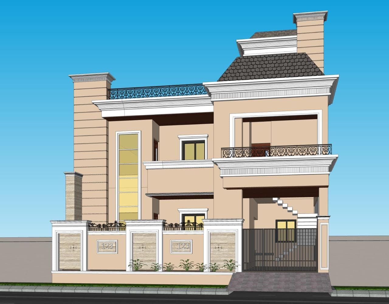 Illustration of a construction site with tools and blueprints.